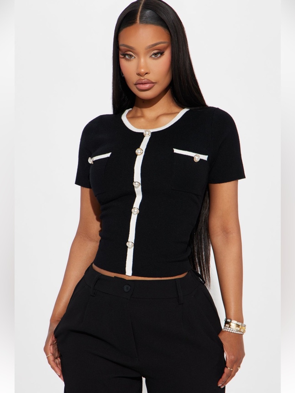 NWOT Fashion Nova Black & White Preppy Faux Button Short Sleeve Sweater Top XL